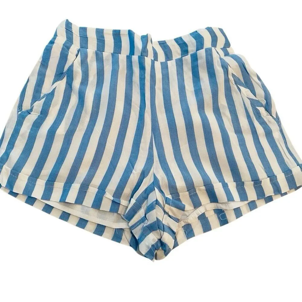 Copper Key Girls Stripe Pull-On Cotton Lined Casual White Blue Shorts Small